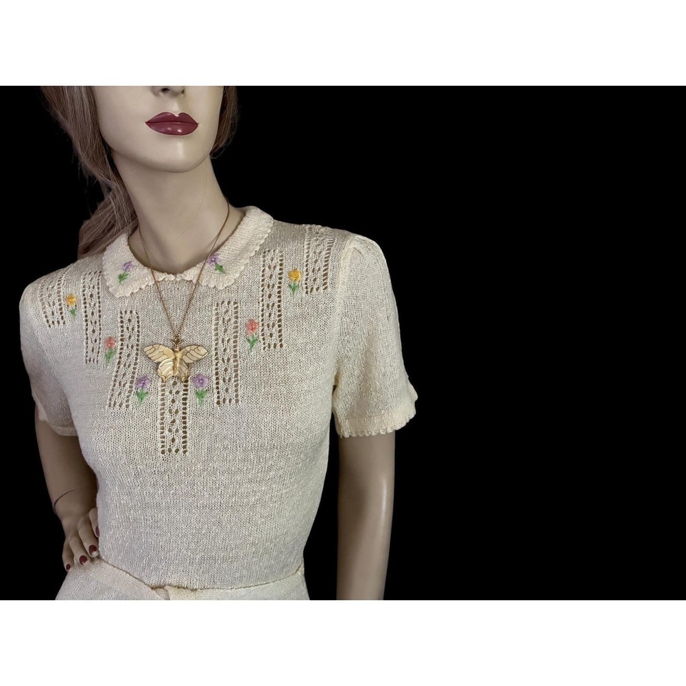 Vintage Knit Dress Cream Floral Embroidered Pointelle Cottagecore Small - Picture 2 of 10